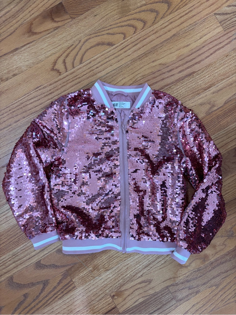H&M Girls' Pink Sequin Bomber Jacket - Shimmering Rose sz 6-7